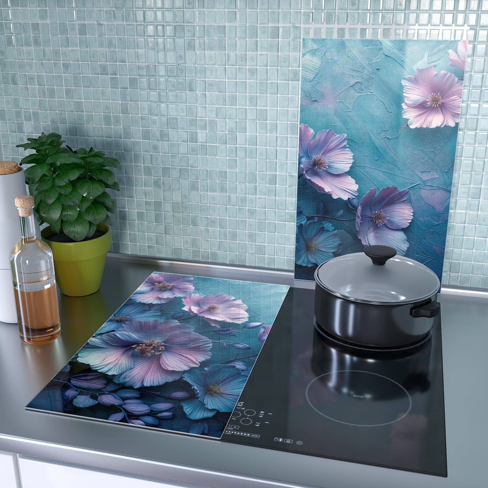 2-teilige Herdabdeckplatten für Ceranfeld mit Blumenmuster-Motiv als Spritzschutz hinter dem Kochfeld