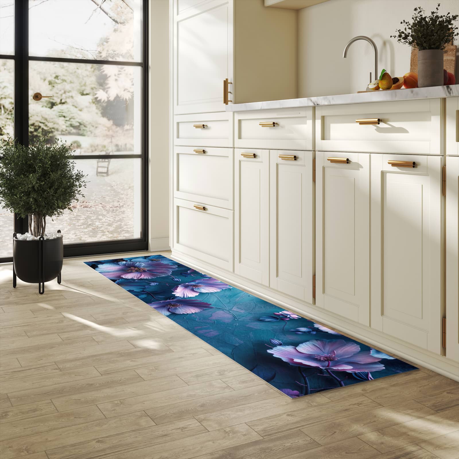 Langlebiger waschbarer Küchenläufer mit Motiv Blumenmuster in heller Küche