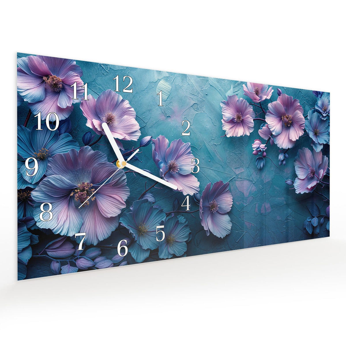 Vormontiert – mit Schwebeeffekt – Wanduhr Blumenmuster aus Glas – Querformat 60 × 30 cm
