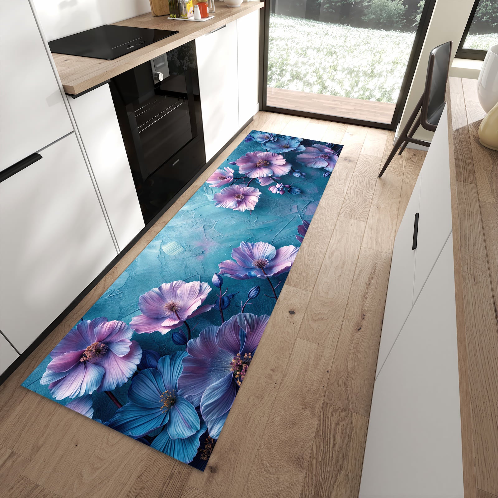 Küchenteppich mit Motiv Blumenmuster für angenehme Haptik in moderner Küche