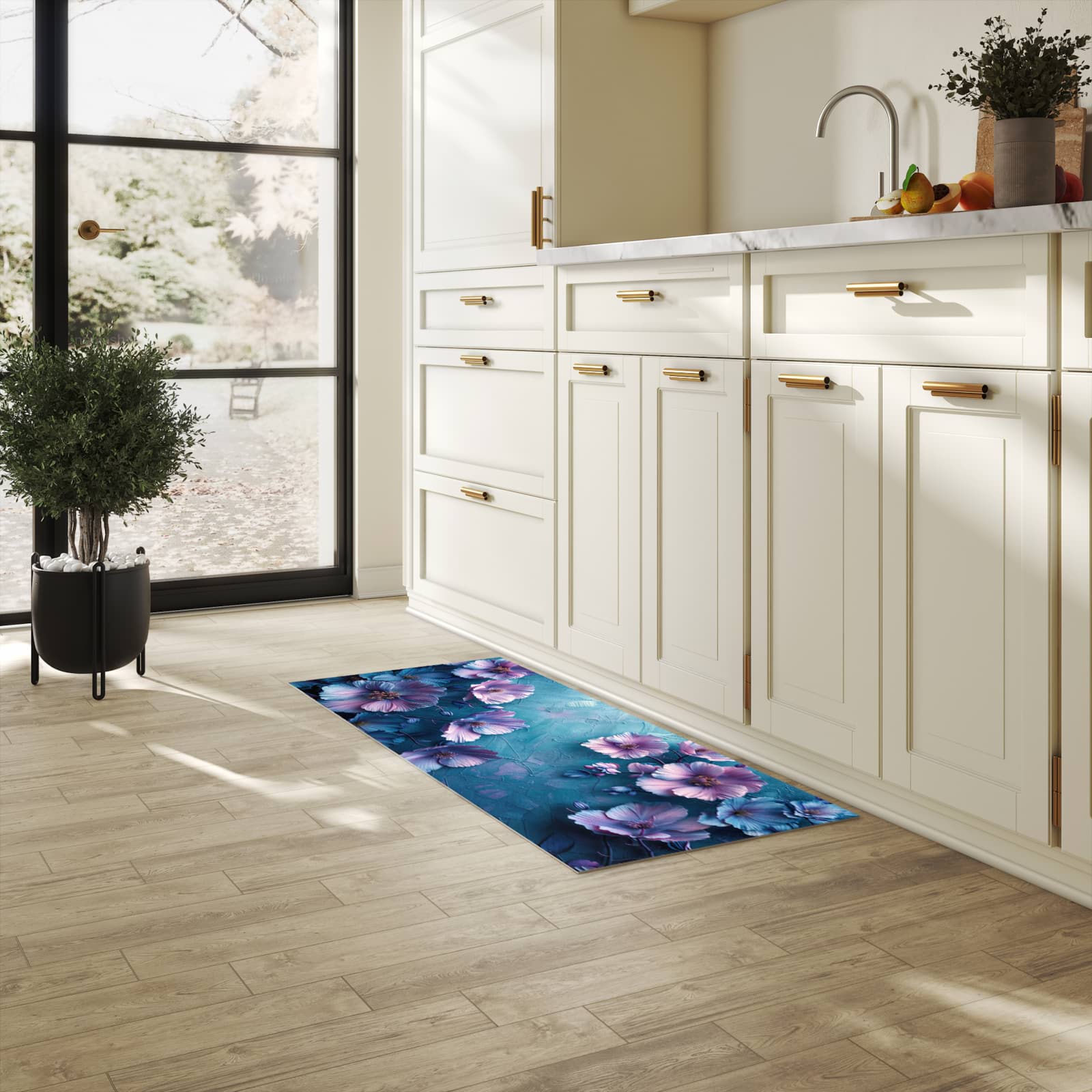 Fleckenresistenter Küchenläufer mit Motiv Blumenmuster in heller Küche