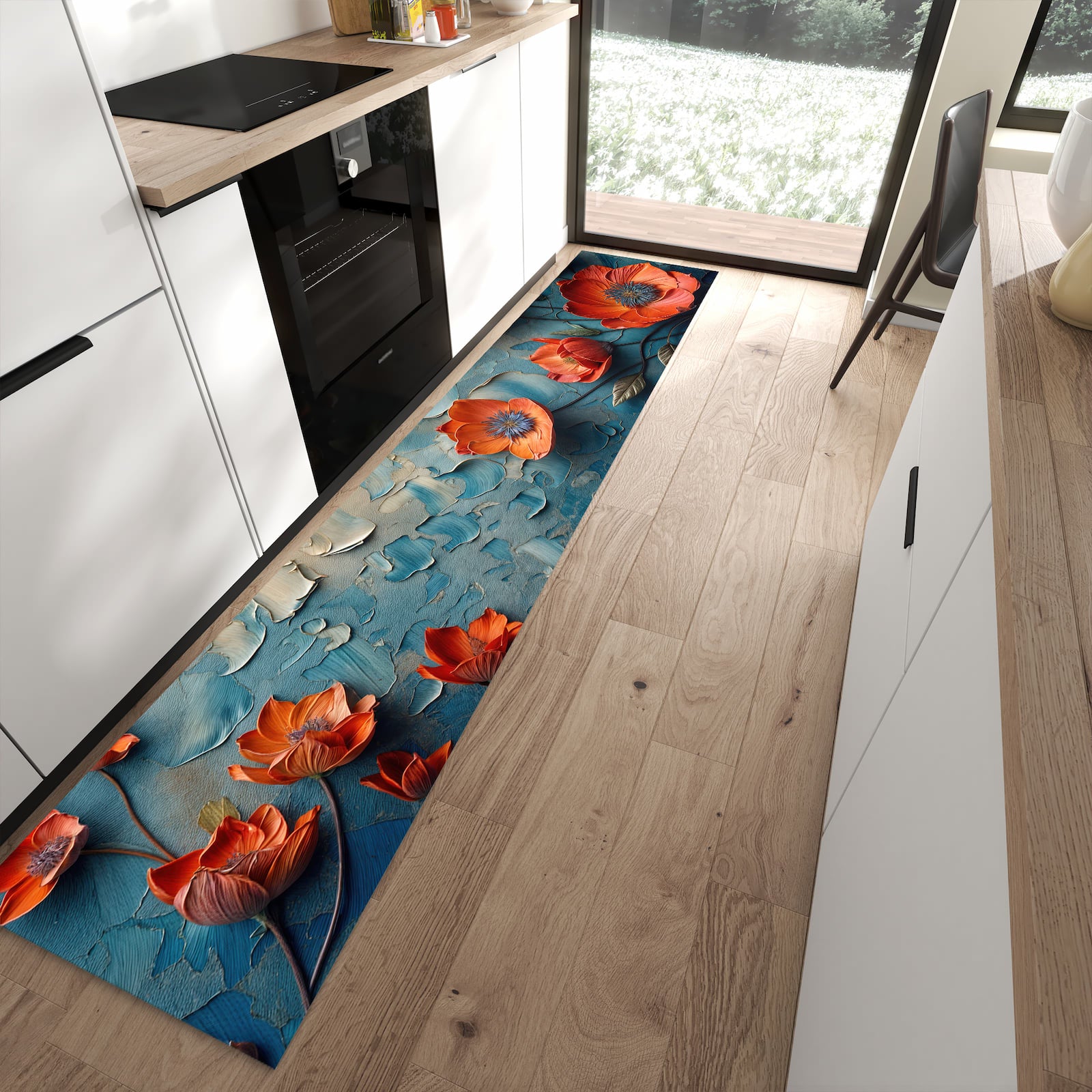 Sicherer Küchenläufer mit Motiv Blumenmeer in moderner Küche