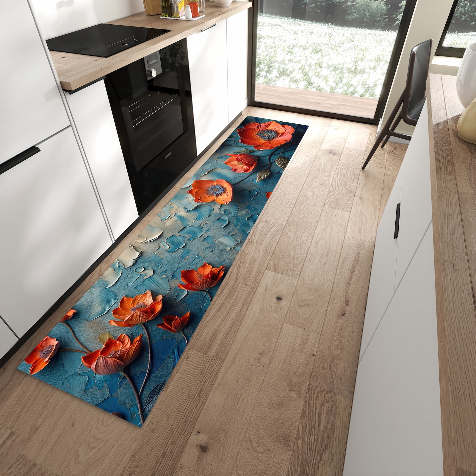 Formstabiler rutschfester Küchenläufer mit Motiv Blumenmeer in moderner Küche