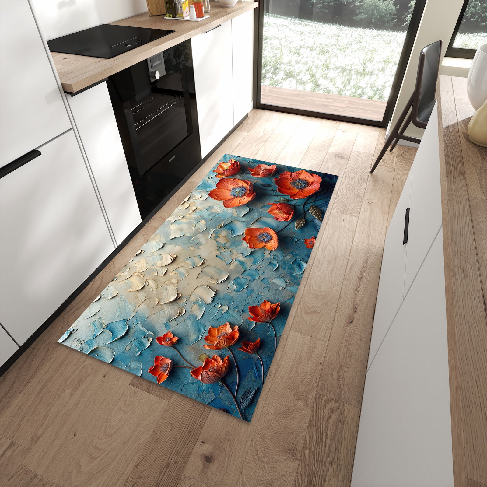 Wasserabweisender Küchenteppich mit Motiv Blumenmeer in moderner Küche