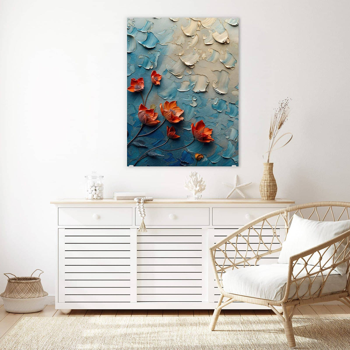 Aufhängung liegt bei – Motiv später wechselbar – Wandbild - Oranger Mohn auf Blau - Hochformat