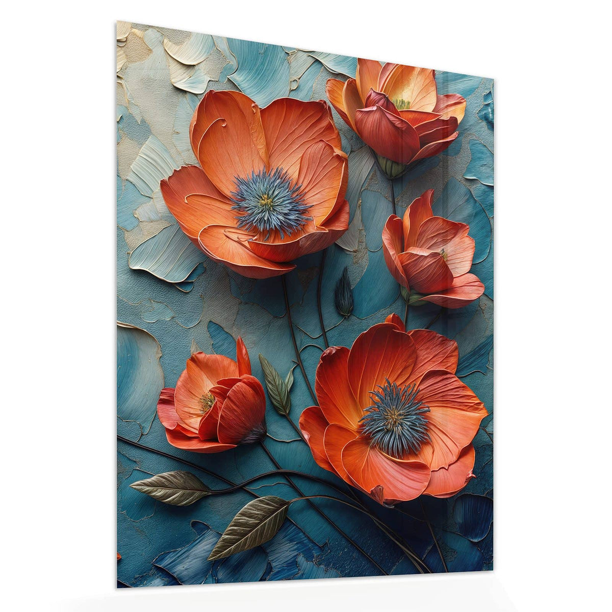 Echtglas, 4 mm – kein Acryl, keine Folie – Wandbild - Oranger Mohn auf Blau - Hochformat