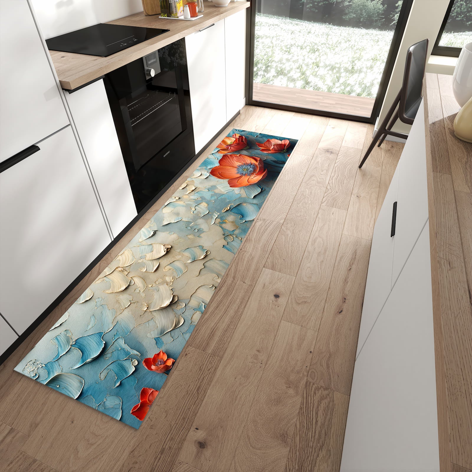 Farbbeständiger waschbarer Küchenläufer mit Motiv Blumenmeer in moderner Küche