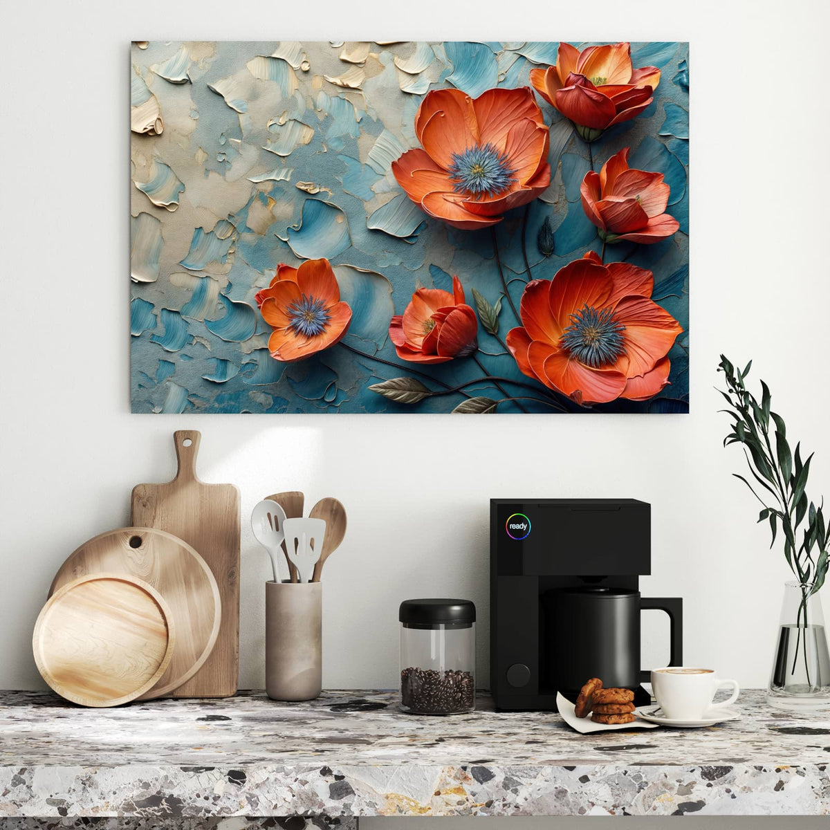 Metall Magnettafel - Oranger Mohn auf Blau – Orangeroter Mohn auf Blau-Creme