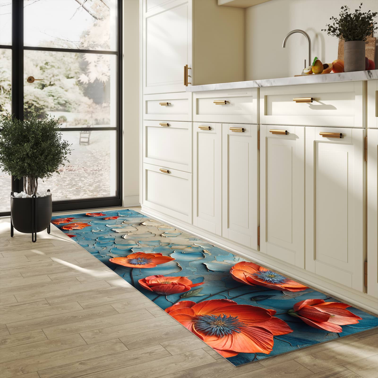 Abriebfester Küchenläufer mit Motiv Blumenmeer in heller Küche