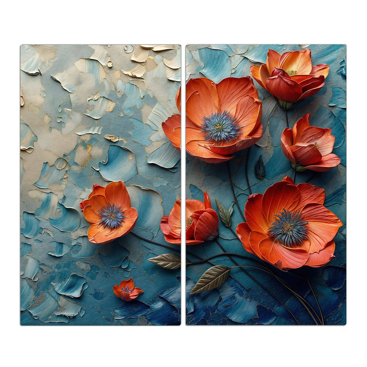Orangerote Mohnblüten mit blauen Staubgefäßen auf pastos blau-cremefarbenem Untergrund