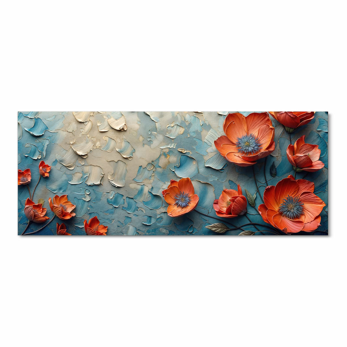 Orangerote Mohnblüten mit blauen Staubgefäßen auf pastos blau-cremefarbenem Untergrund