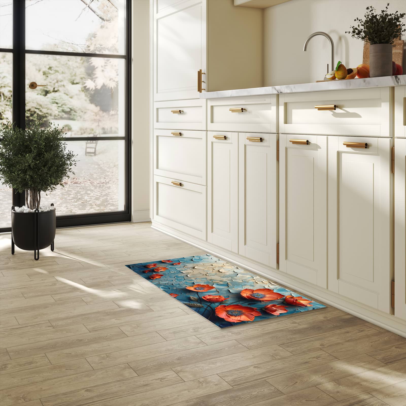 Rutschfester Küchenteppich mit Motiv Blumenmeer in heller Küche