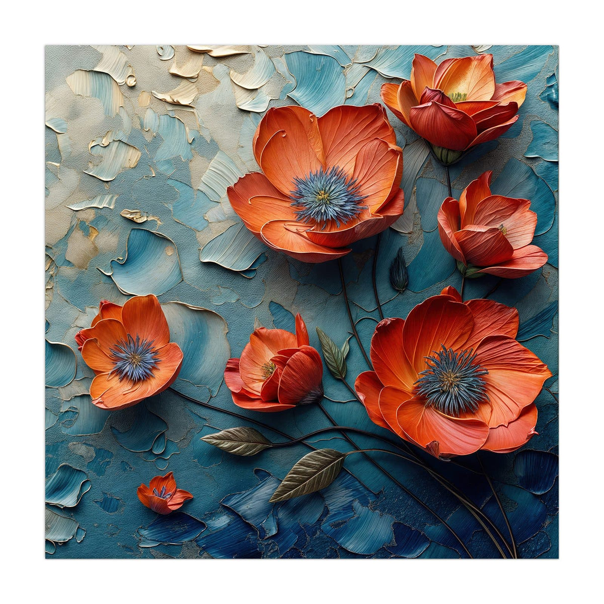Küchenrückwand aus Glas Oranger Mohn auf Blau im quadratischen Format, Motiv bildfüllend von vorn