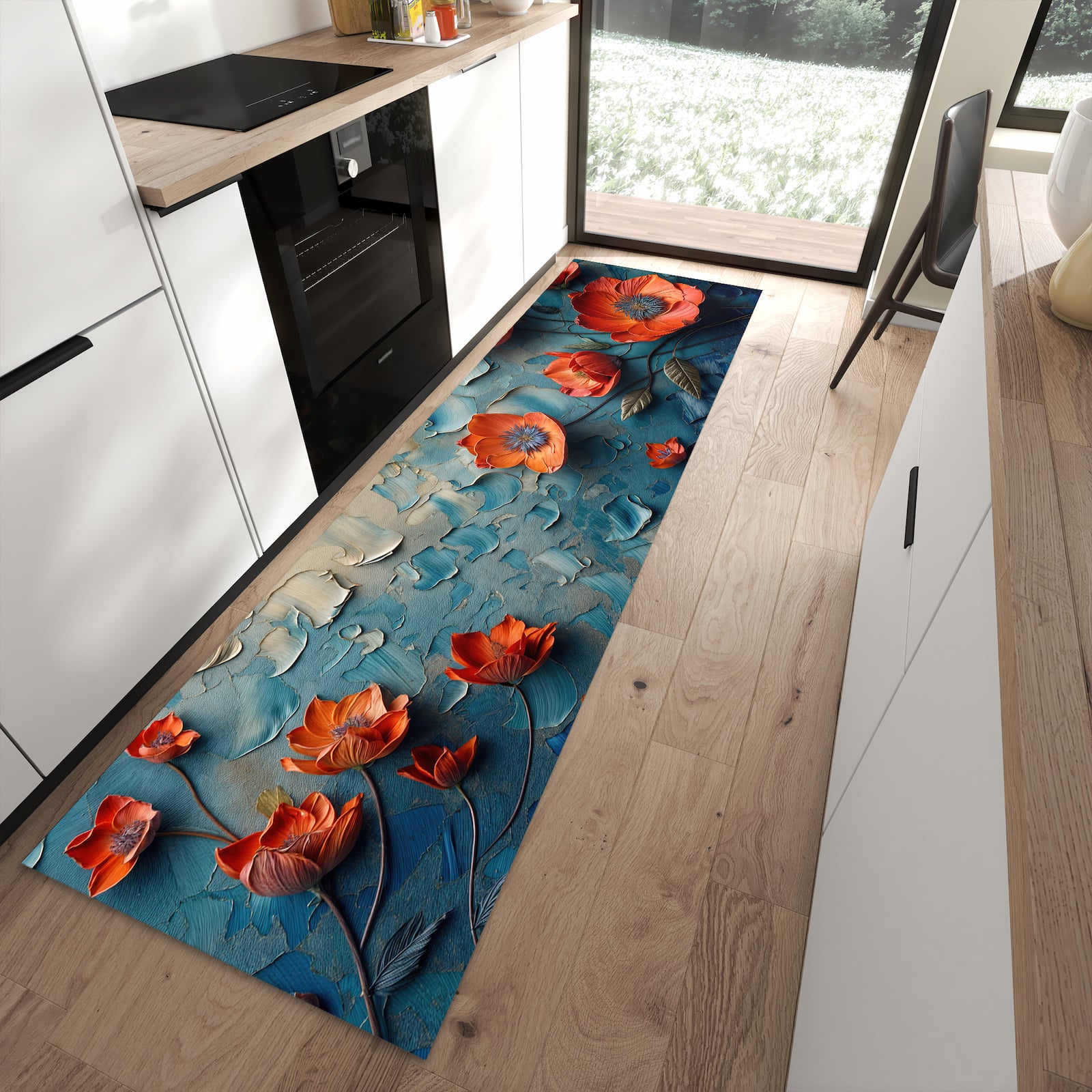 UV-beständiger abwaschbarer Küchenläufer mit Motiv Blumenmeer in moderner Küche
