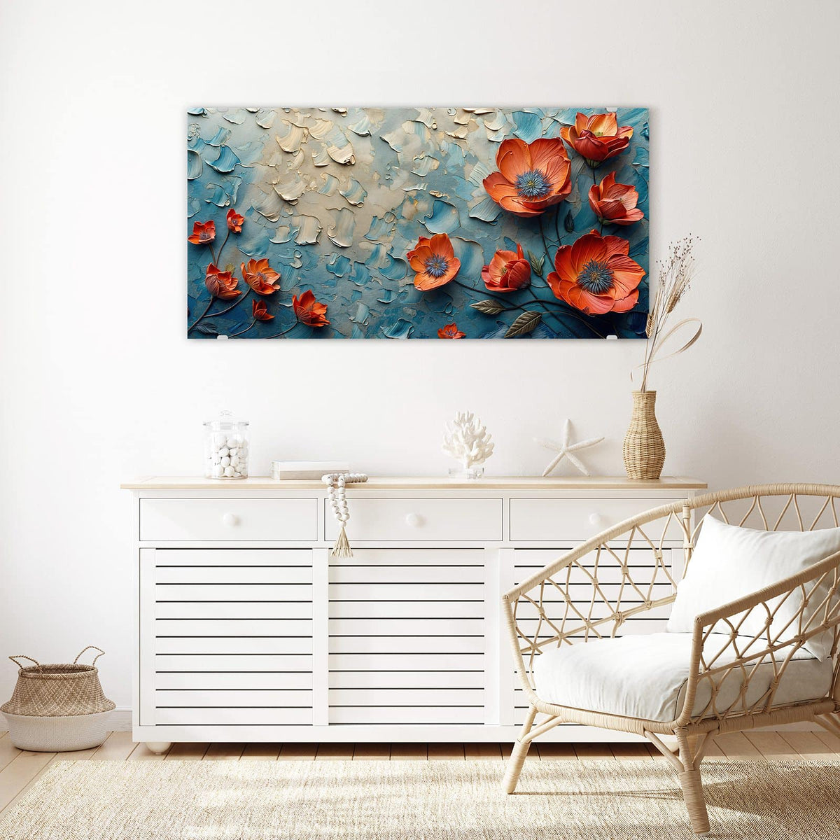 Echtglas, 4 mm – kein Acryl, keine Folie – Wandbild - Oranger Mohn auf Blau - Querformat