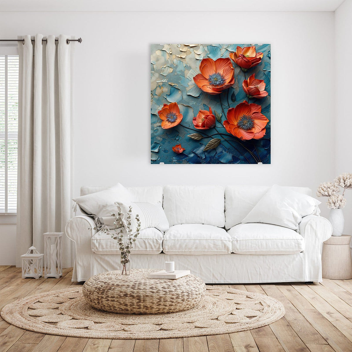 Glasbild Oranger Mohn auf Blau an der Wand – Orangerote Mohnblüten mit blauen Staubgefäßen auf pastos blau-cremefarbenem Untergrund