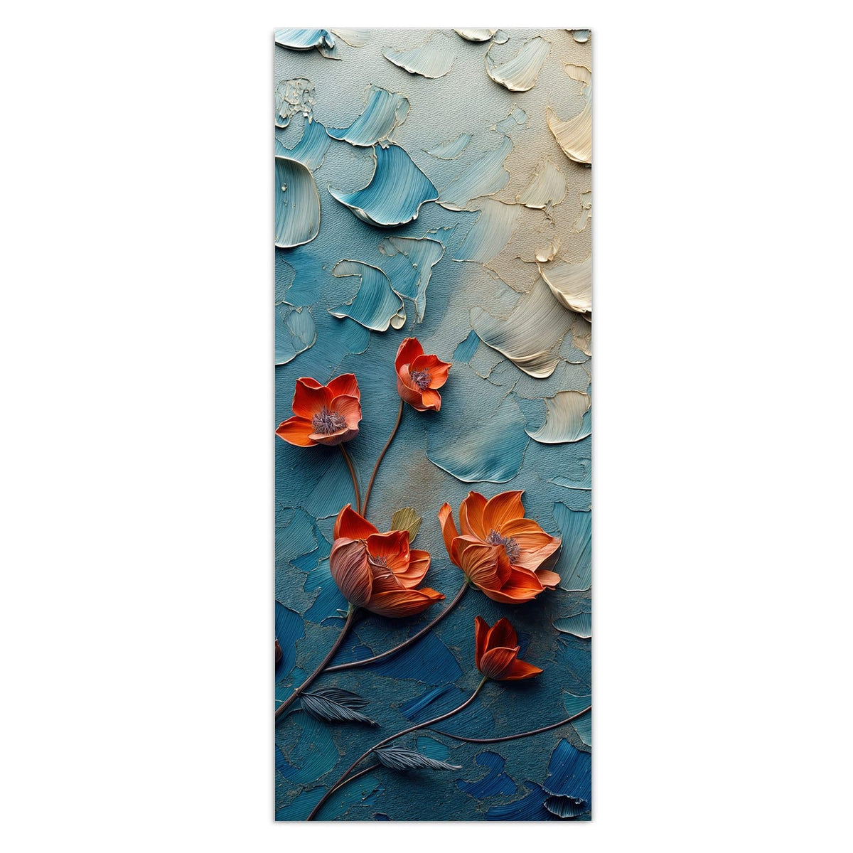 Wandbild - Oranger Mohn auf Blau - Hochformat – Orangeroter Mohn auf Blau-Creme