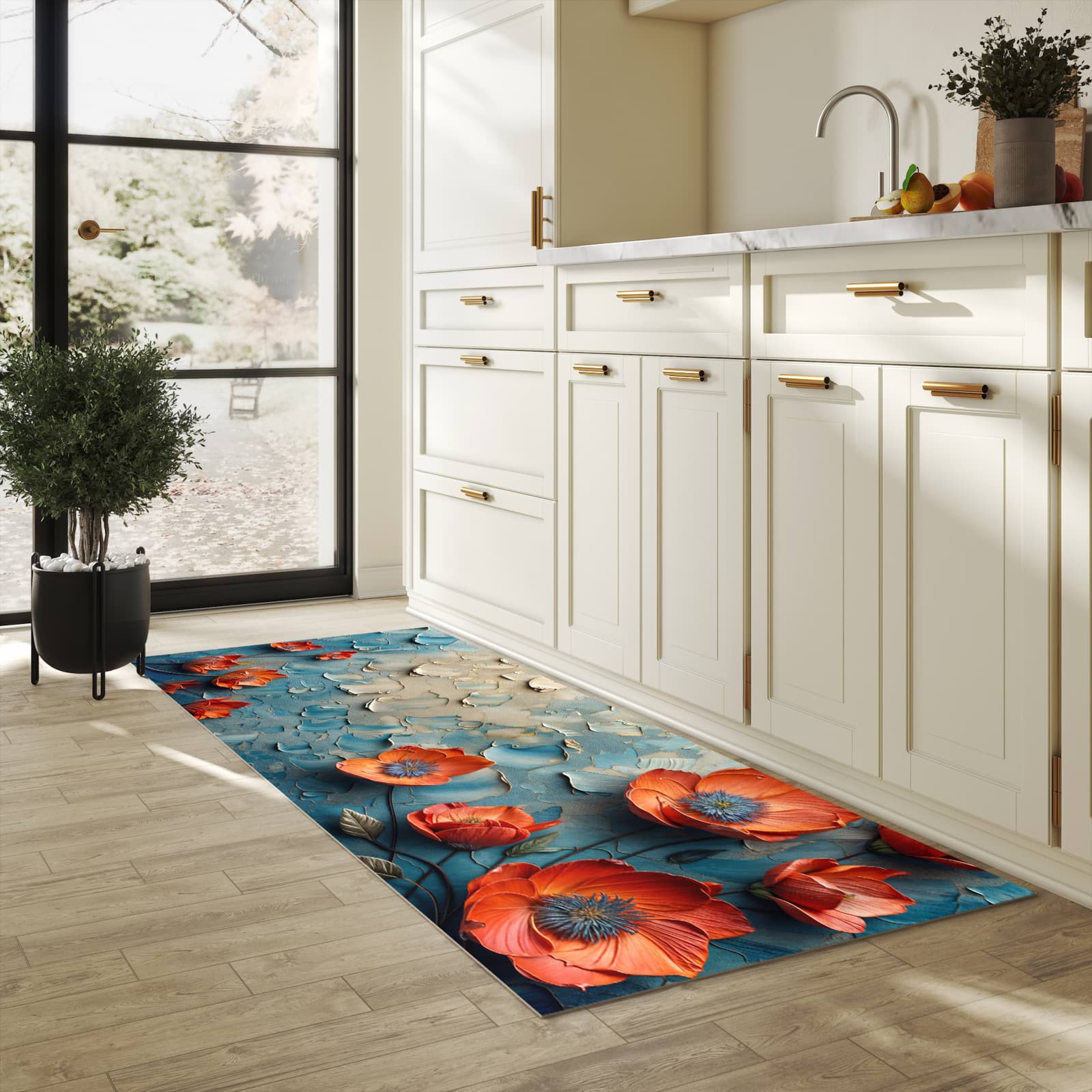 Waschbarer Küchenteppich mit Motiv Blumenmeer für Trittkomfort in heller Küche