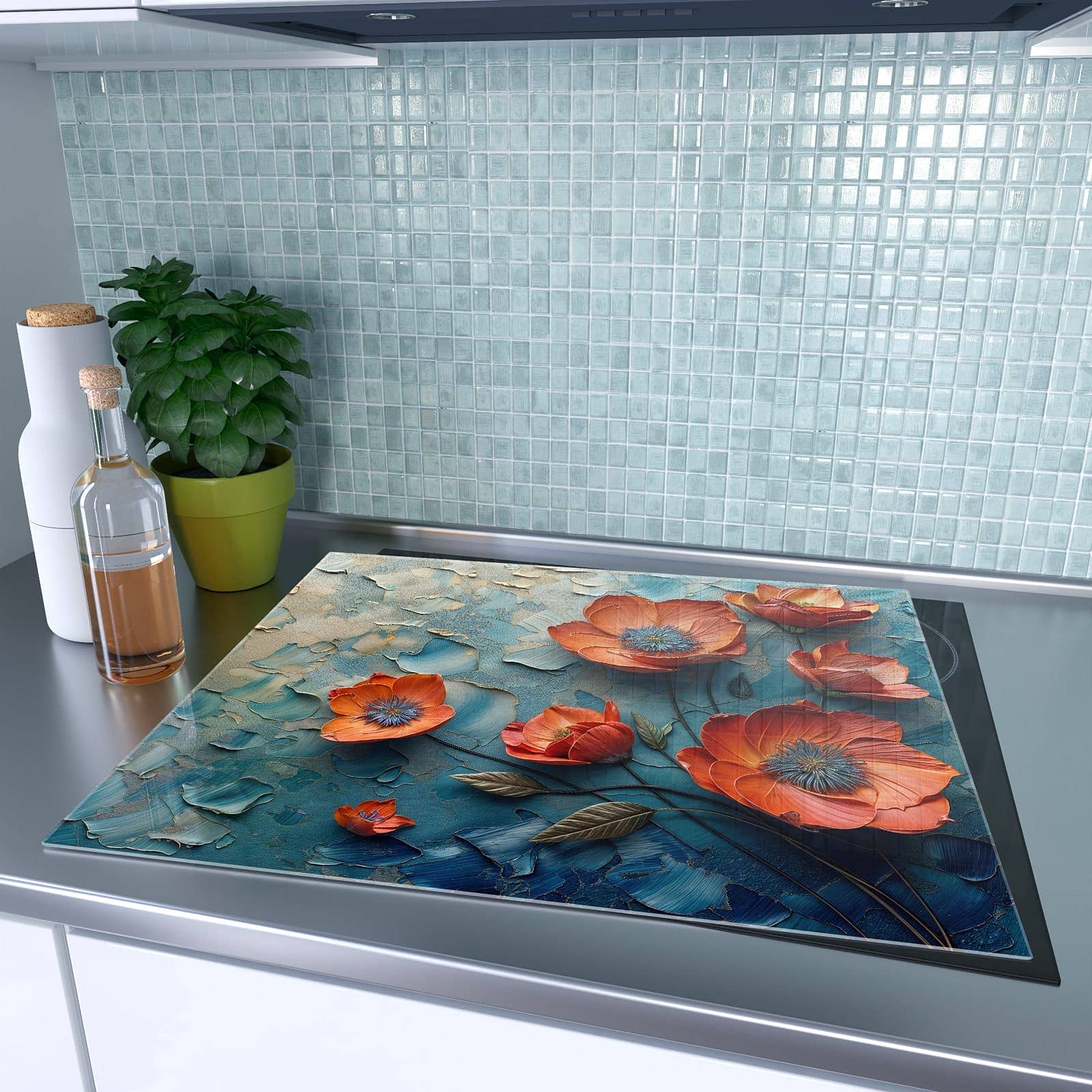 1-teilige Herdabdeckplatte aus Glas mit Blumenmeer-Motiv auf dem Ceranfeld