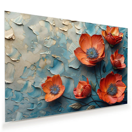 Wandbild mit dem Motiv Oranger Mohn auf Blau
