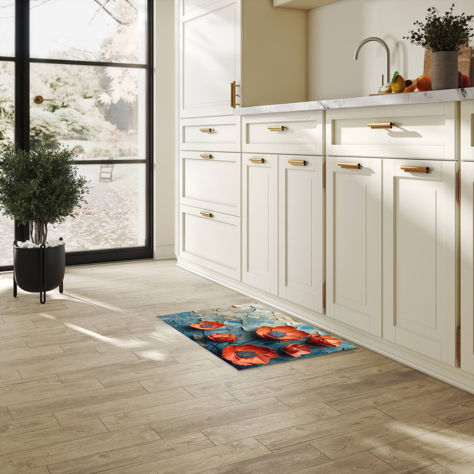 Formstabiler Küchenteppich mit Motiv Blumenmeer in heller Küche