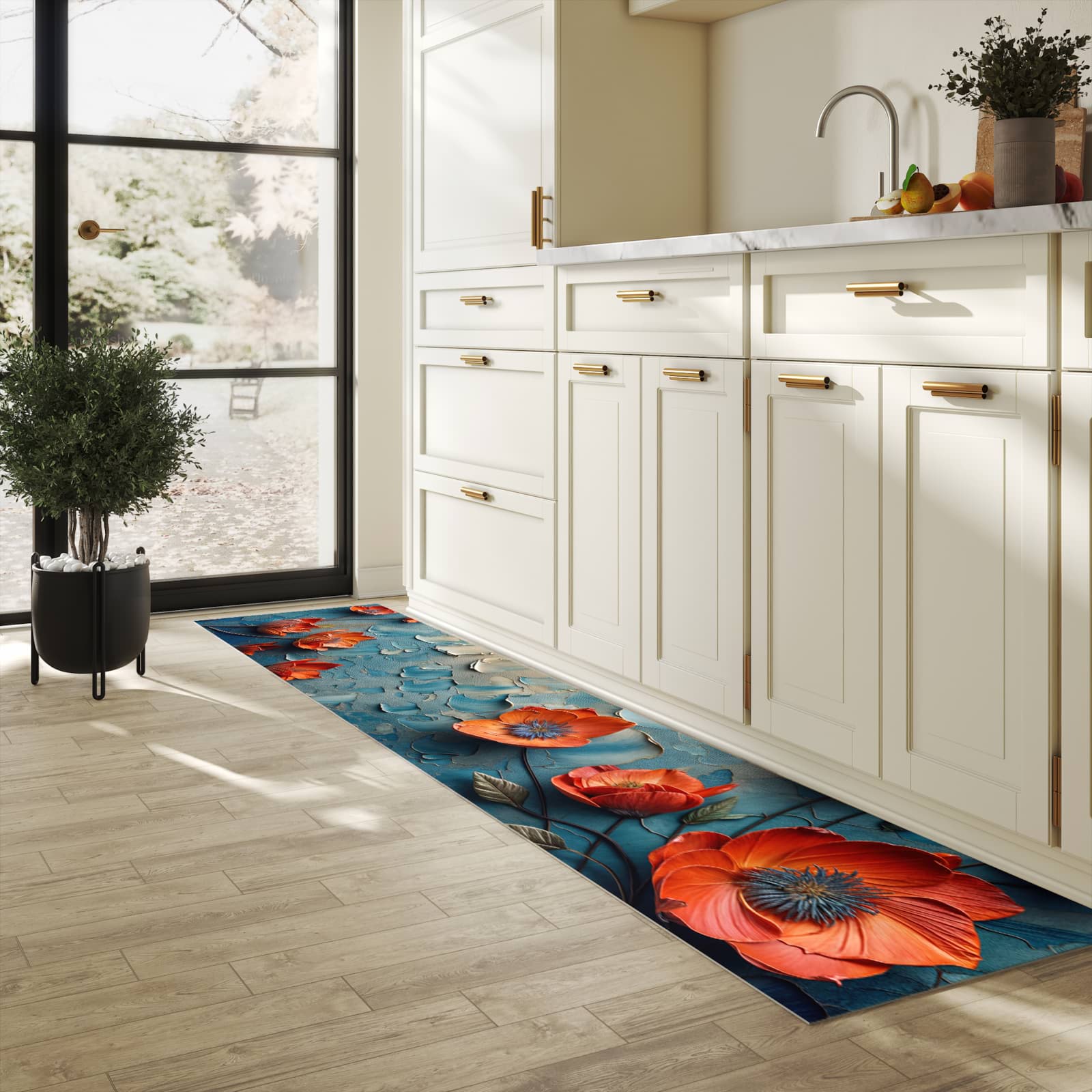 Farbbeständiger Küchenteppich mit Motiv Blumenmeer in heller Küche