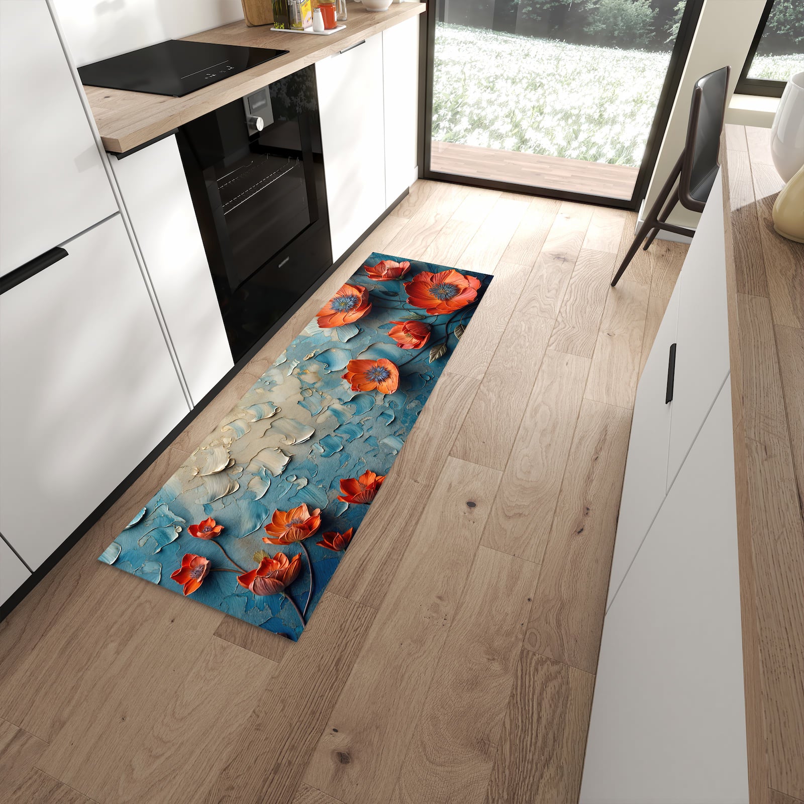Bodenschonender rutschfester Küchenläufer mit Motiv Blumenmeer in moderner Küche