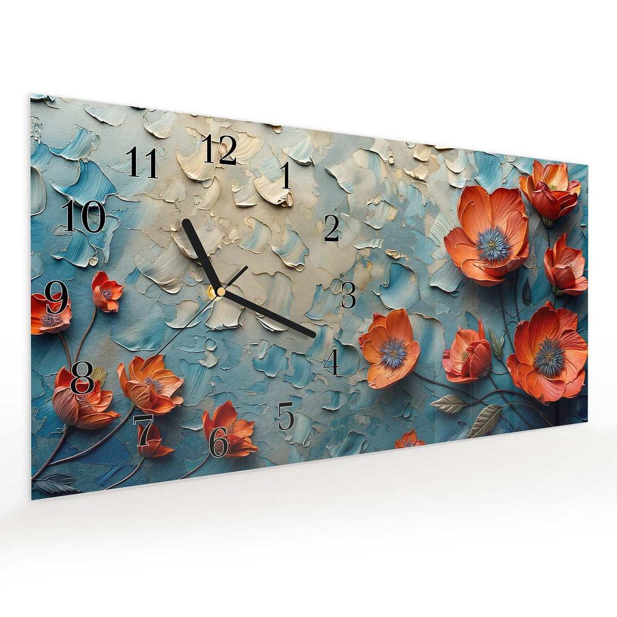 Vormontiert – mit Schwebeeffekt – Wanduhr Blumenmeer aus Glas – Querformat 60 × 30 cm