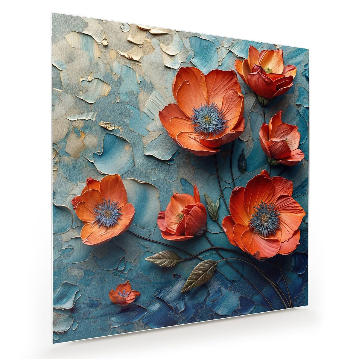 Orangerote Mohnblüten mit blauen Staubgefäßen auf pastos blau-cremefarbenem Untergrund