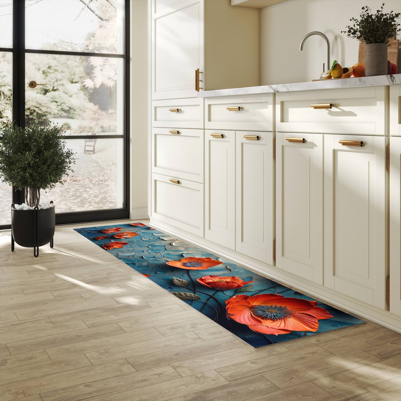 Bodenschonender Küchenteppich mit Motiv Blumenmeer in heller Küche