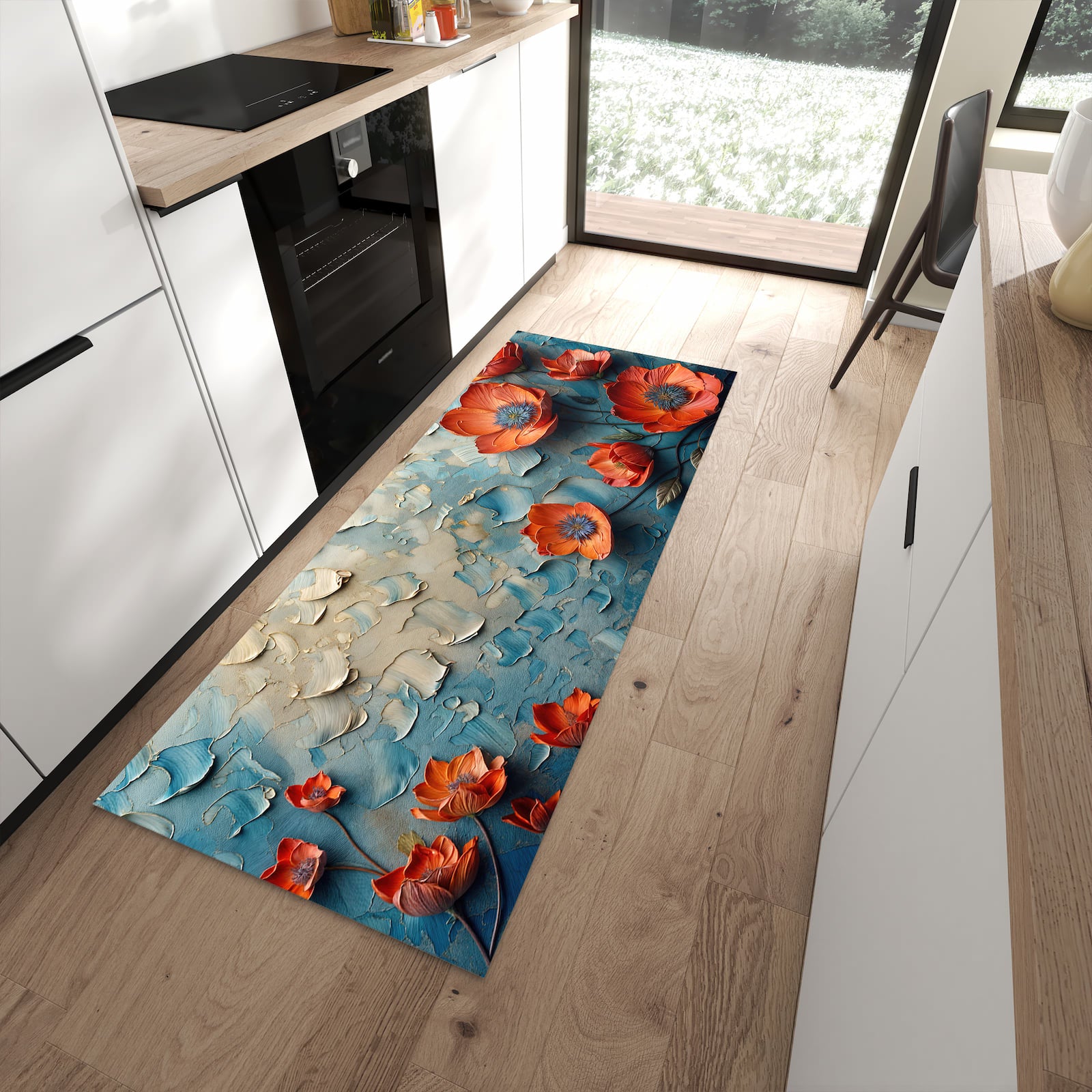 Geräuschdämpfender waschbarer Küchenläufer mit Motiv Blumenmeer in moderner Küche