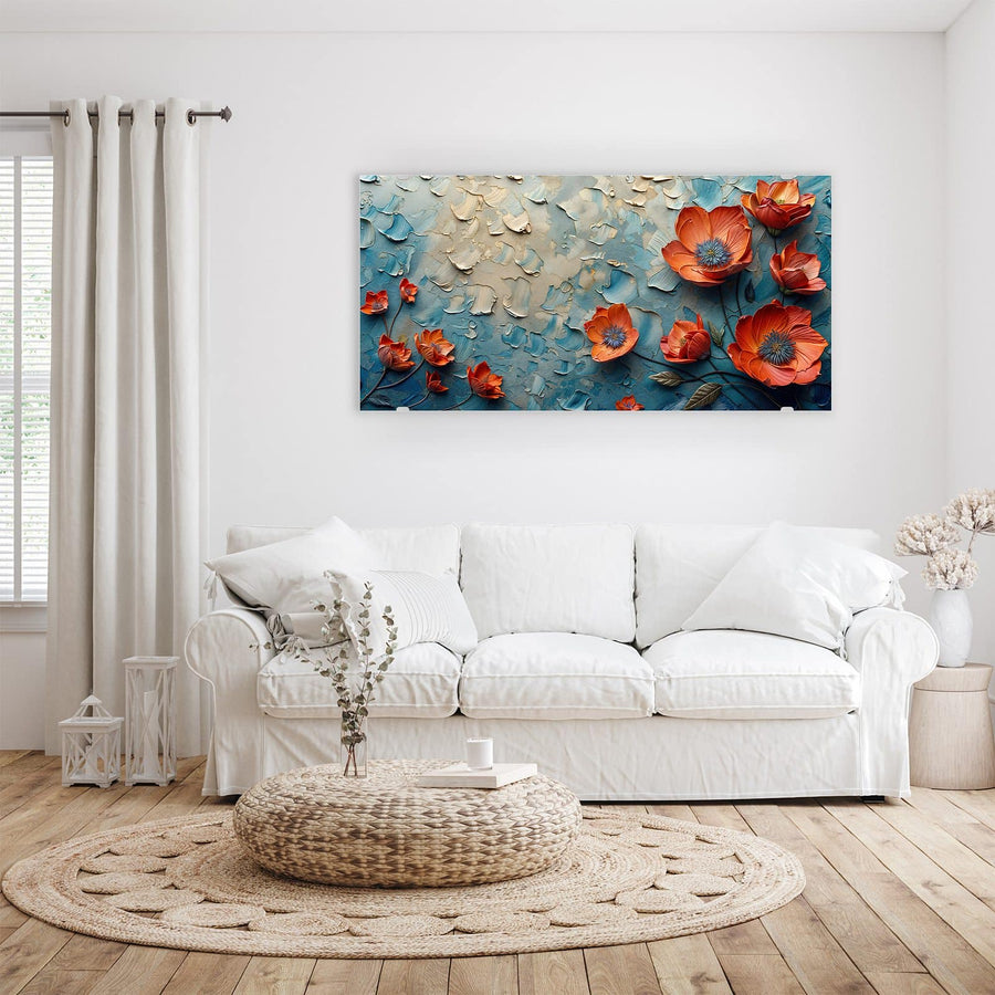 Maße Wandbild - Oranger Mohn auf Blau - Querformat