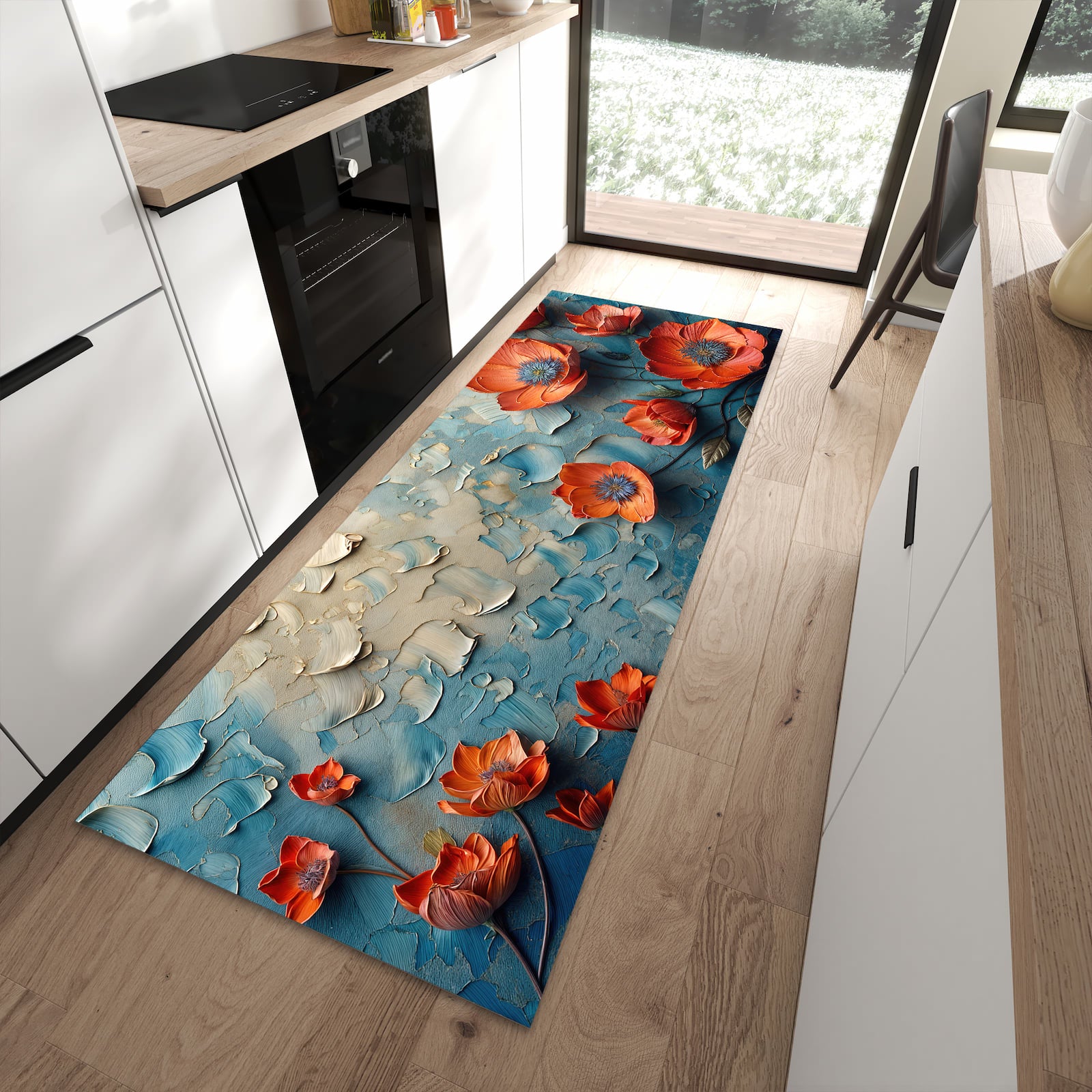 Fleckenresistenter Küchenteppich mit Motiv Blumenmeer in moderner Küche