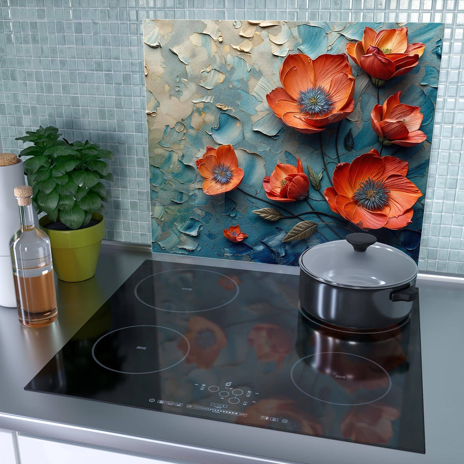 1-teilige Ceranfeld Abdeckplatten mit Blumenmeer-Motiv als Spritzschutz hinter dem Kochfeld