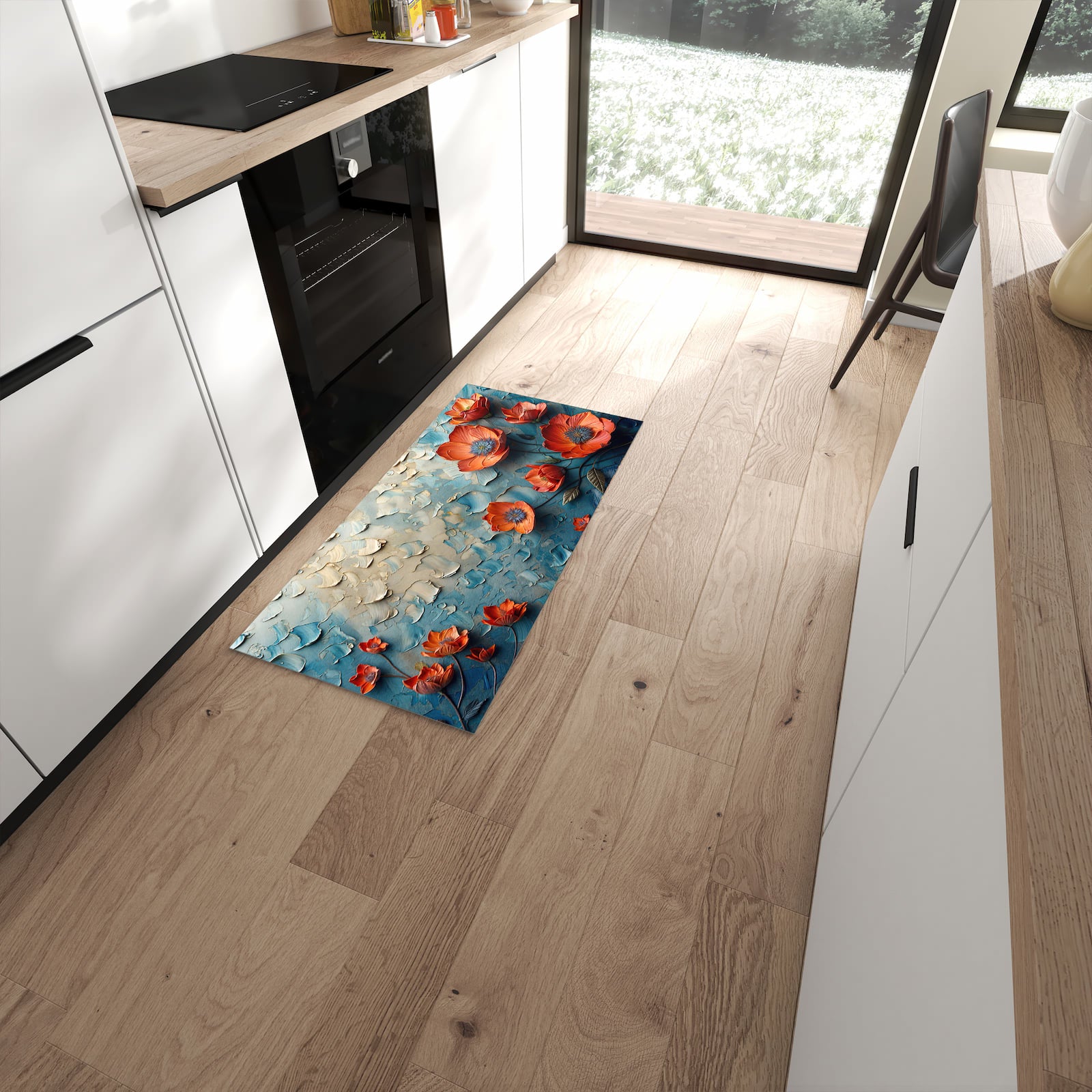 Rutschfester Küchenläufer mit Motiv Blumenmeer schützt Böden in moderner Küche #grösse_60 x 120 cm