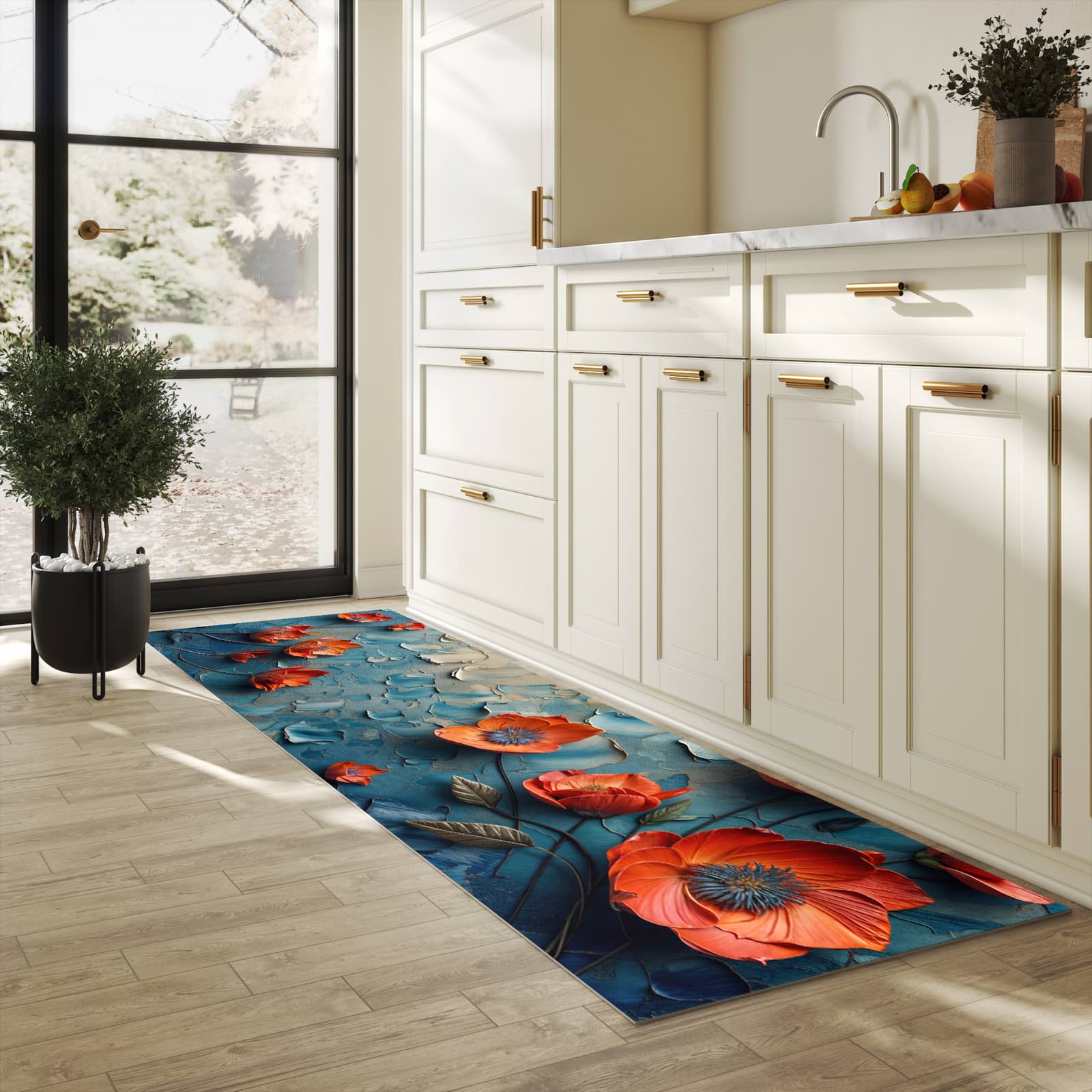 Geräuschdämpfender Küchenläufer mit Motiv Blumenmeer in heller Küche