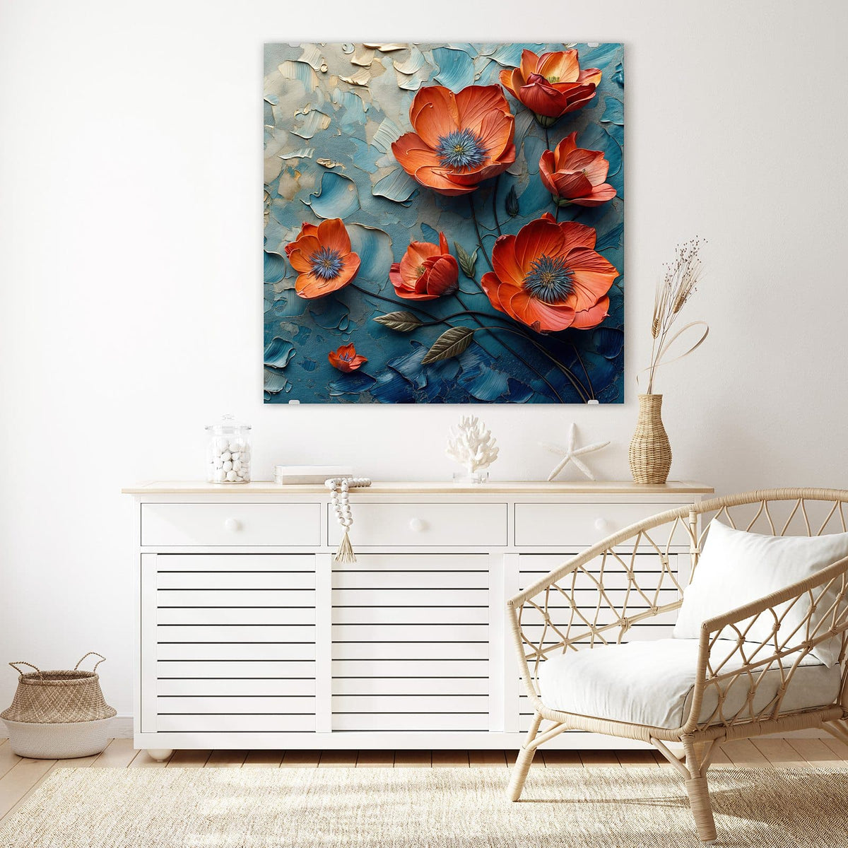 Glasbild Oranger Mohn auf Blau an der Wand – Orangerote Mohnblüten mit blauen Staubgefäßen auf pastos blau-cremefarbenem Untergrund