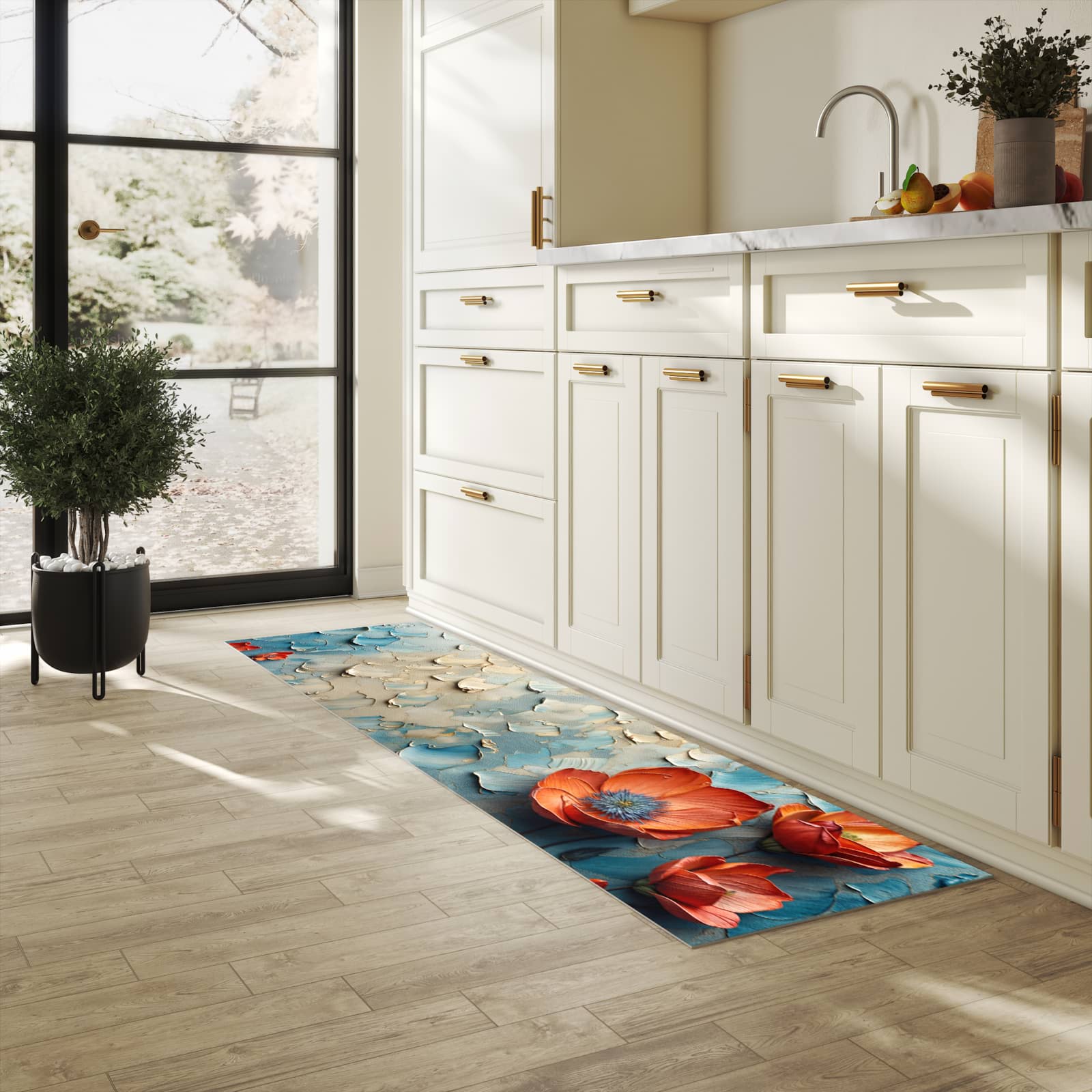 Küchenteppich mit Motiv Blumenmeer für Ordnung in heller Küche