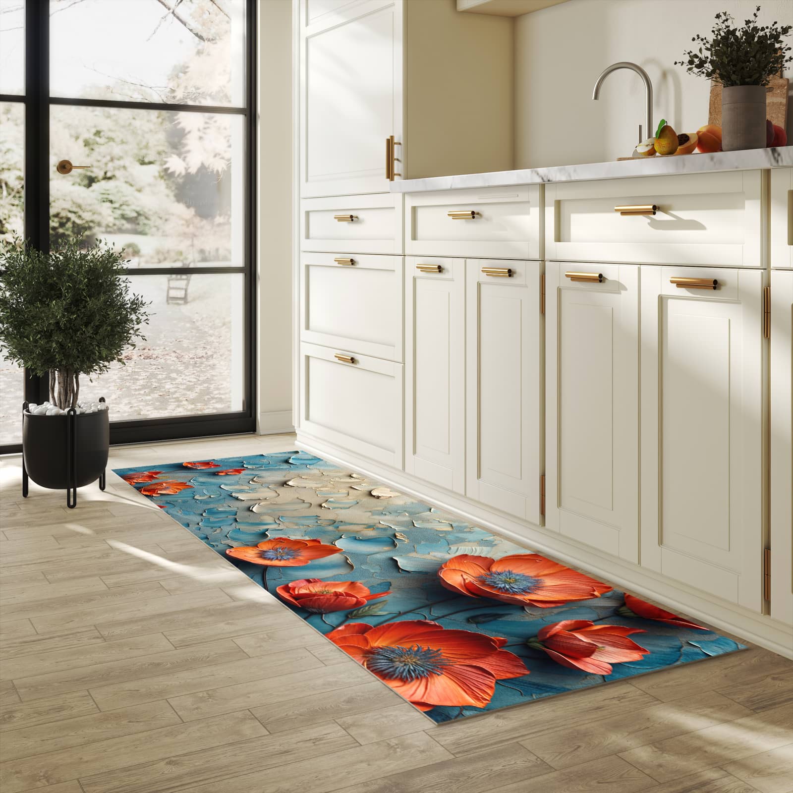 Zeitsparender Läufer Küche mit Motiv Blumenmeer in heller Küche