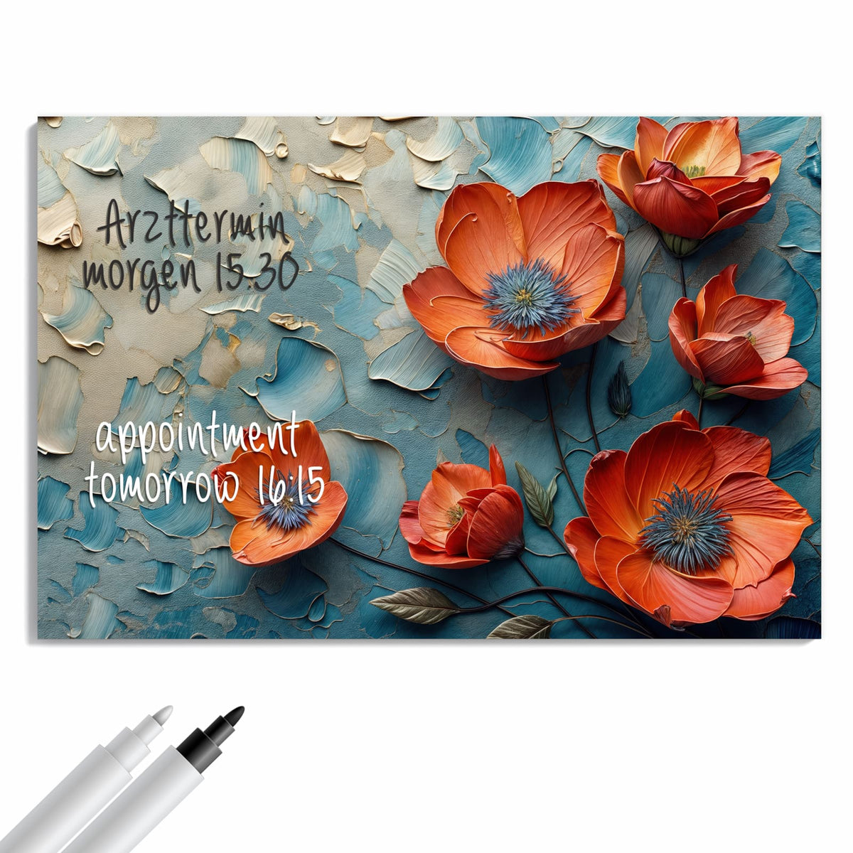 Beschreiben, abwischen, anheften – Metall Magnettafel - Oranger Mohn auf Blau