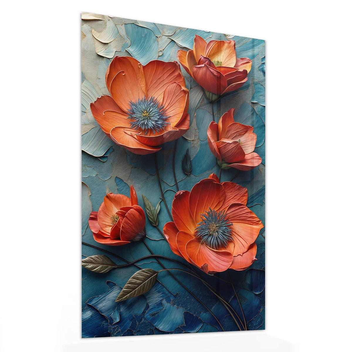 11 Größen – von 30 × 60 bis 60 × 150 cm – Wandbild - Oranger Mohn auf Blau - Hochformat