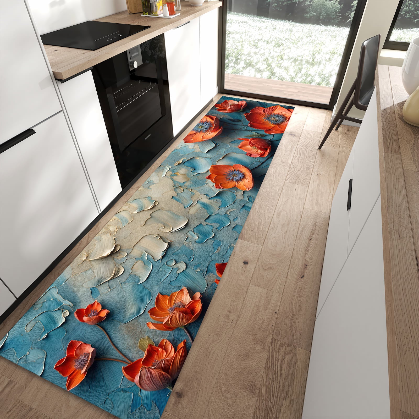 Komfortabler Küchenteppich mit Motiv Blumenmeer in moderner Küche - abwaschbar