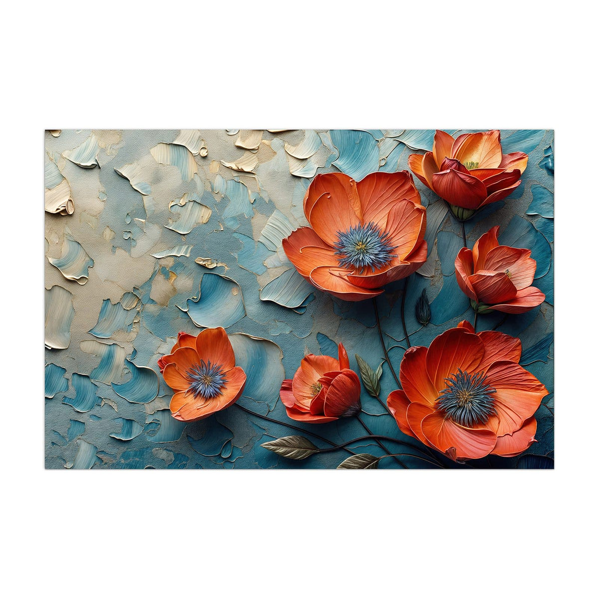 Küchenrückwand aus Glas Oranger Mohn auf Blau im Hochformat, Motiv bildfüllend von vorn