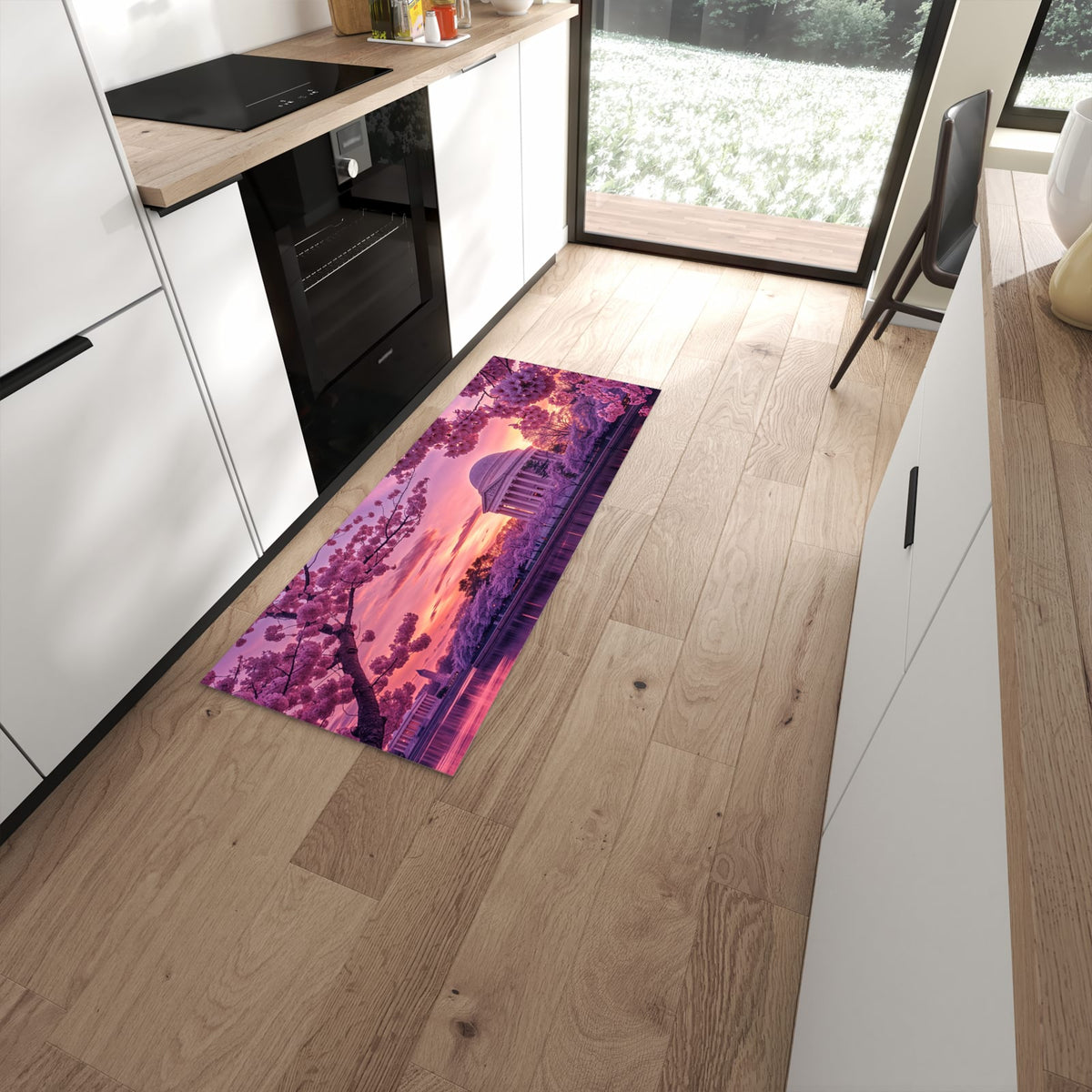 Flacher Küchenteppich mit Motiv Blühende Kirschbäume in moderner Küche - waschbar #grösse_60 x 150 cm