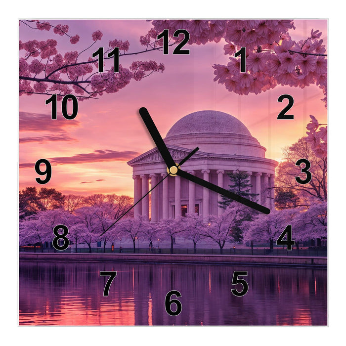 Wanduhr Blühende Kirschbäume aus Glas – Quadratisch 30 × 30 cm mit Ziffernblatt Modern