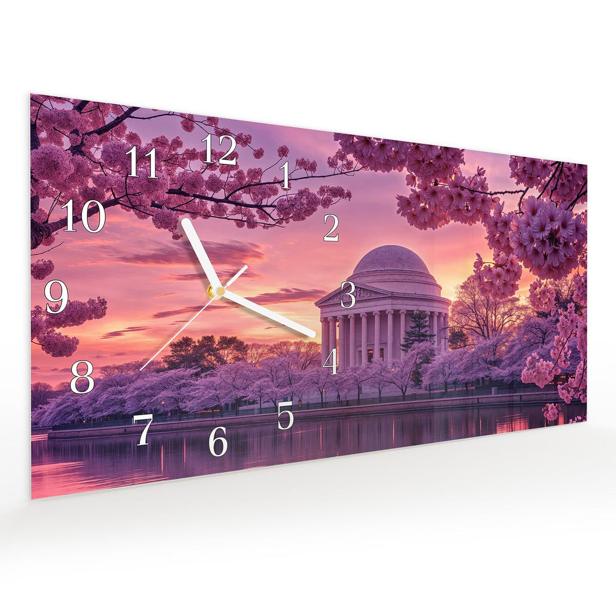 Vormontiert – mit Schwebeeffekt – Wanduhr Blühende Kirschbäume aus Glas – Querformat 60 × 30 cm