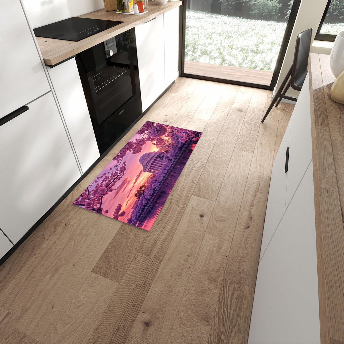 Langlebiger Küchenteppich mit Motiv Blühende Kirschbäume in moderner Küche #grösse_60 x 120 cm