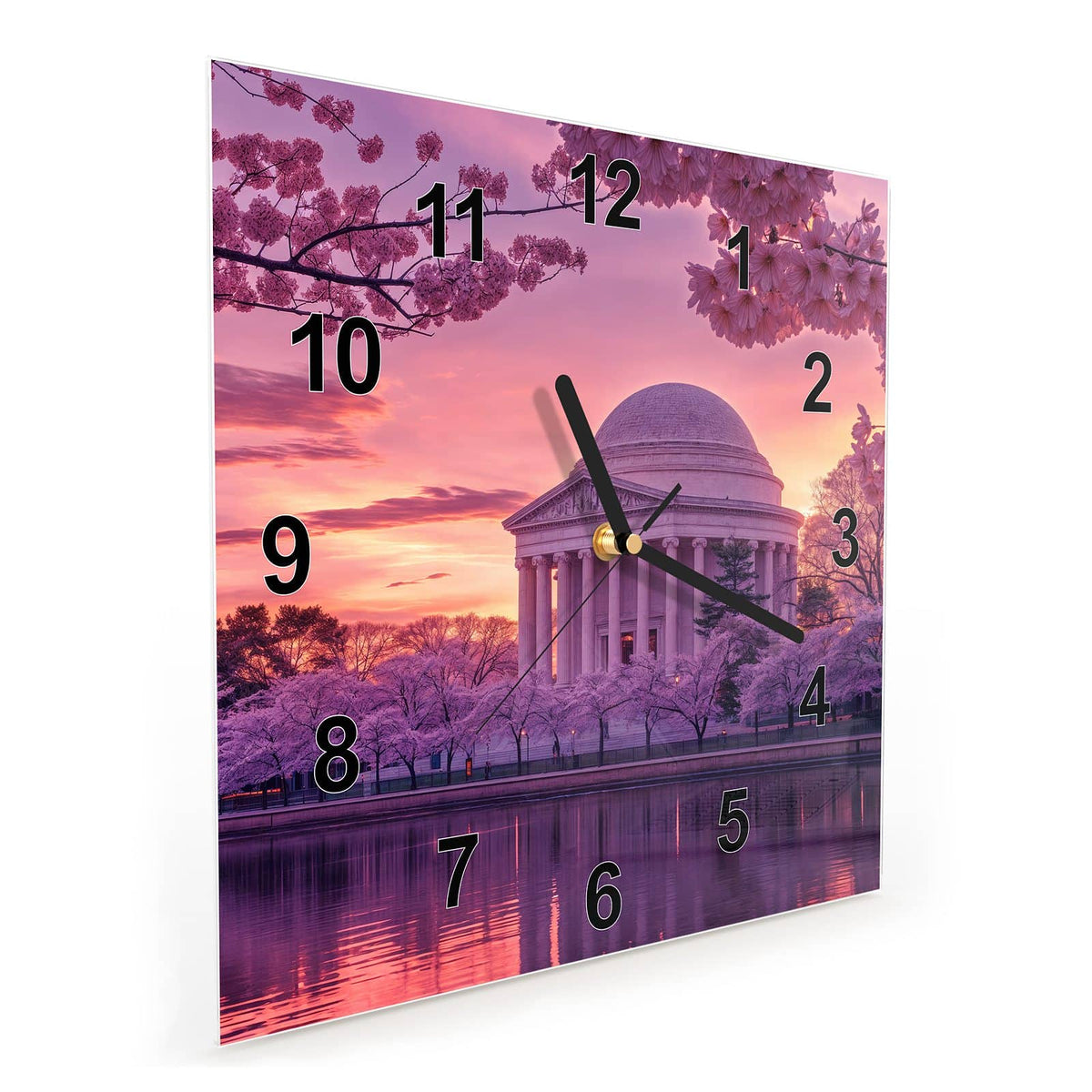 Vormontiert – mit Schwebeeffekt – Wanduhr Blühende Kirschbäume aus Glas – Quadratisch 30 × 30 cm