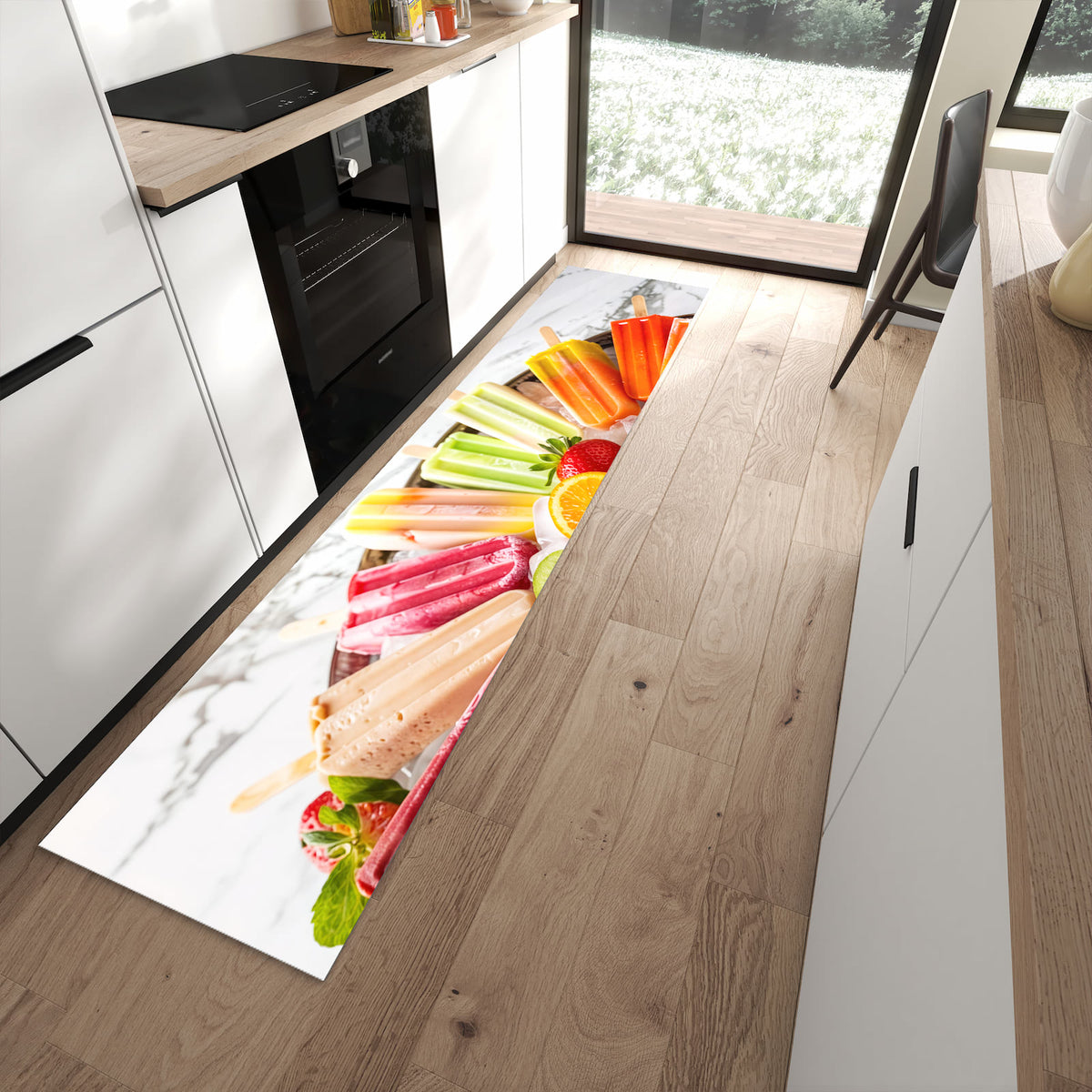 Zeitsparender rutschfester Läufer mit Motiv Sommerliches Eis in moderner Küche