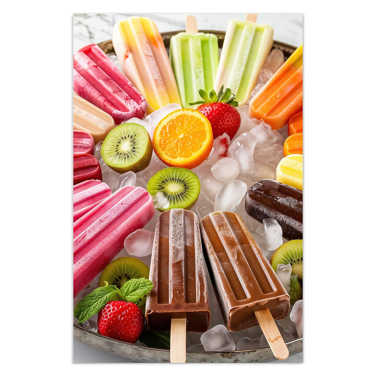 Bunte Eis am Stiel auf Eiswürfeln mit Kiwi, Orange und Erdbeeren